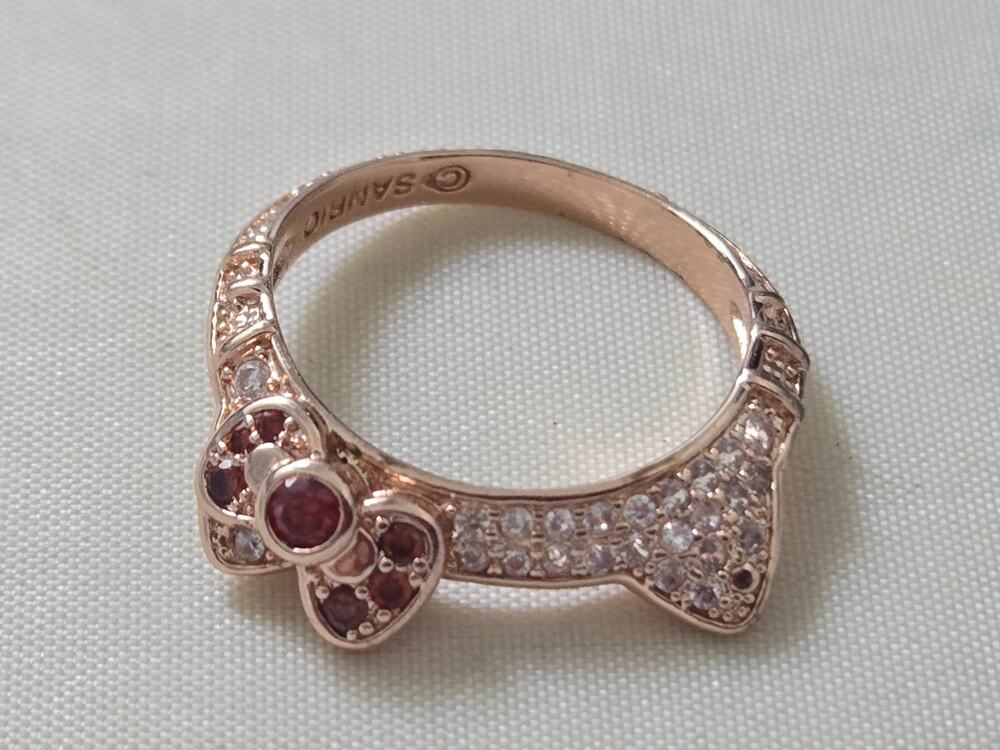 Hello Kitty Rose Gold Tone Rhinestone Ring Ears and bow Size 8 marked Sanrio
